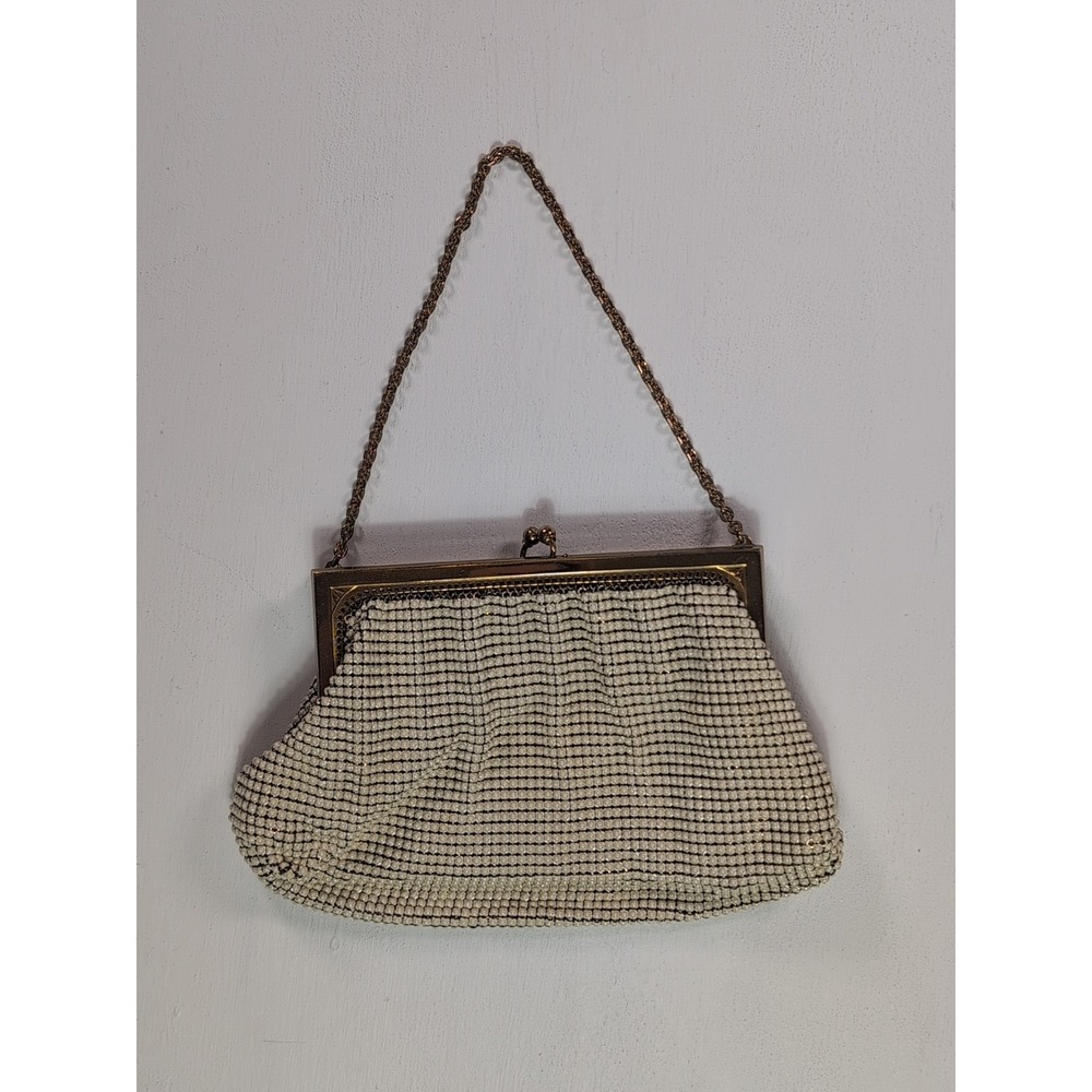 Whiting & Davis Vintage White Mesh Evening Bag Gold Kiss Lock Frame Made in USA